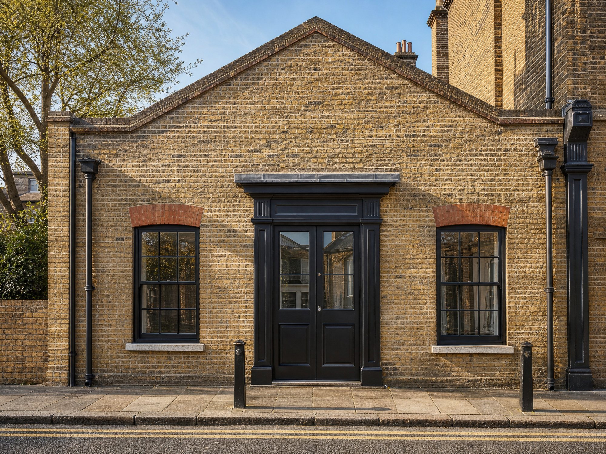Black timber shop front with bespoke glazed doors and sash windows, London